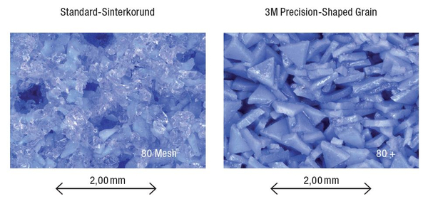 Vergleich Standard-Sinterkorund und 3M Precision-Shaped Grain in gleichem Maßstab